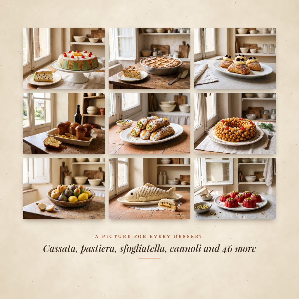 Nine desserts from the book: cassata, pastiera, sfogliatella, cannoli and more