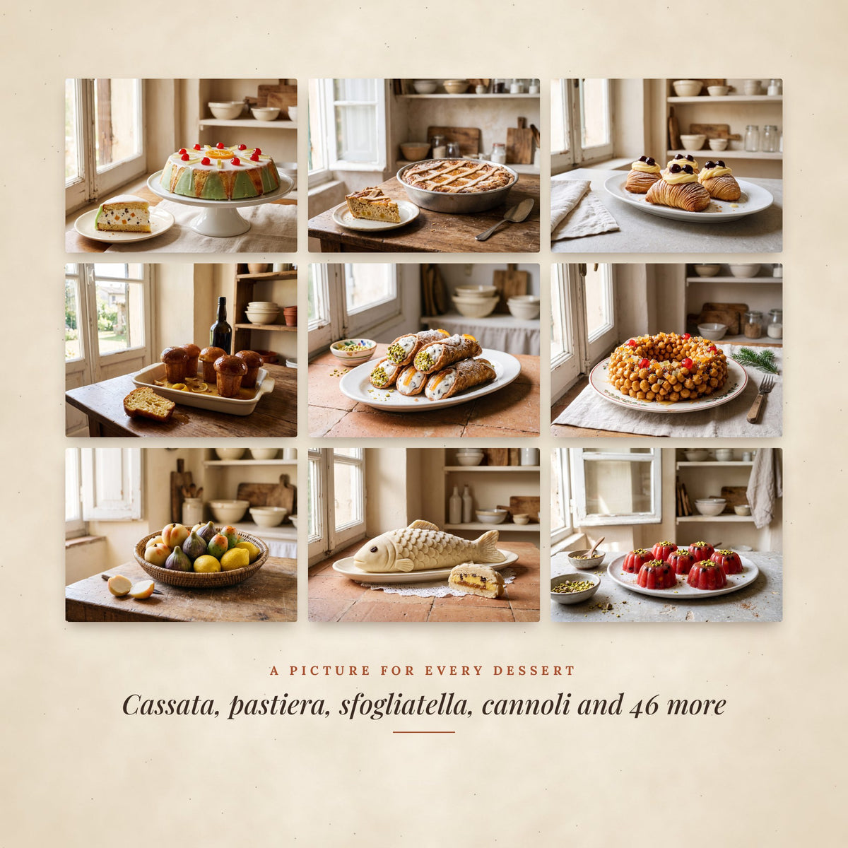Nine desserts from the book: cassata, pastiera, sfogliatella, cannoli and more