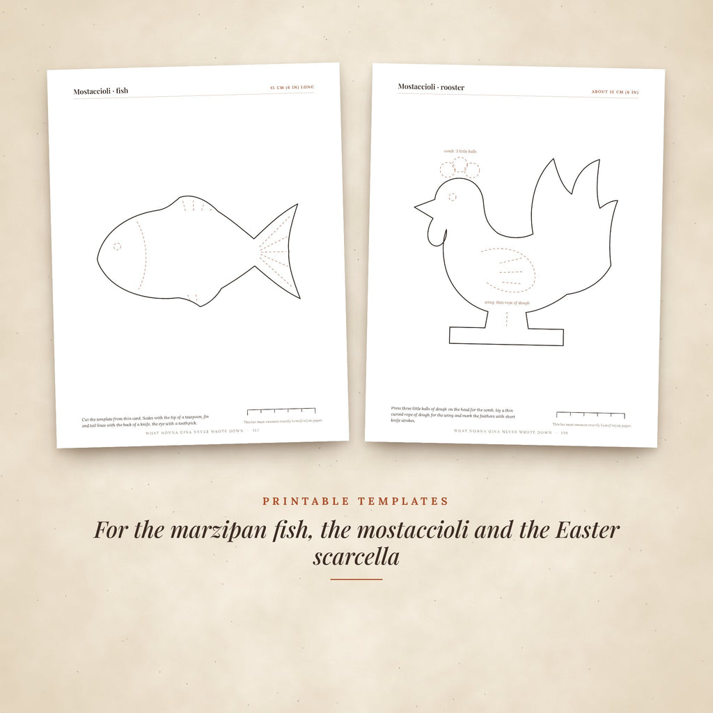 Printable templates for the mostaccioli fish and rooster
