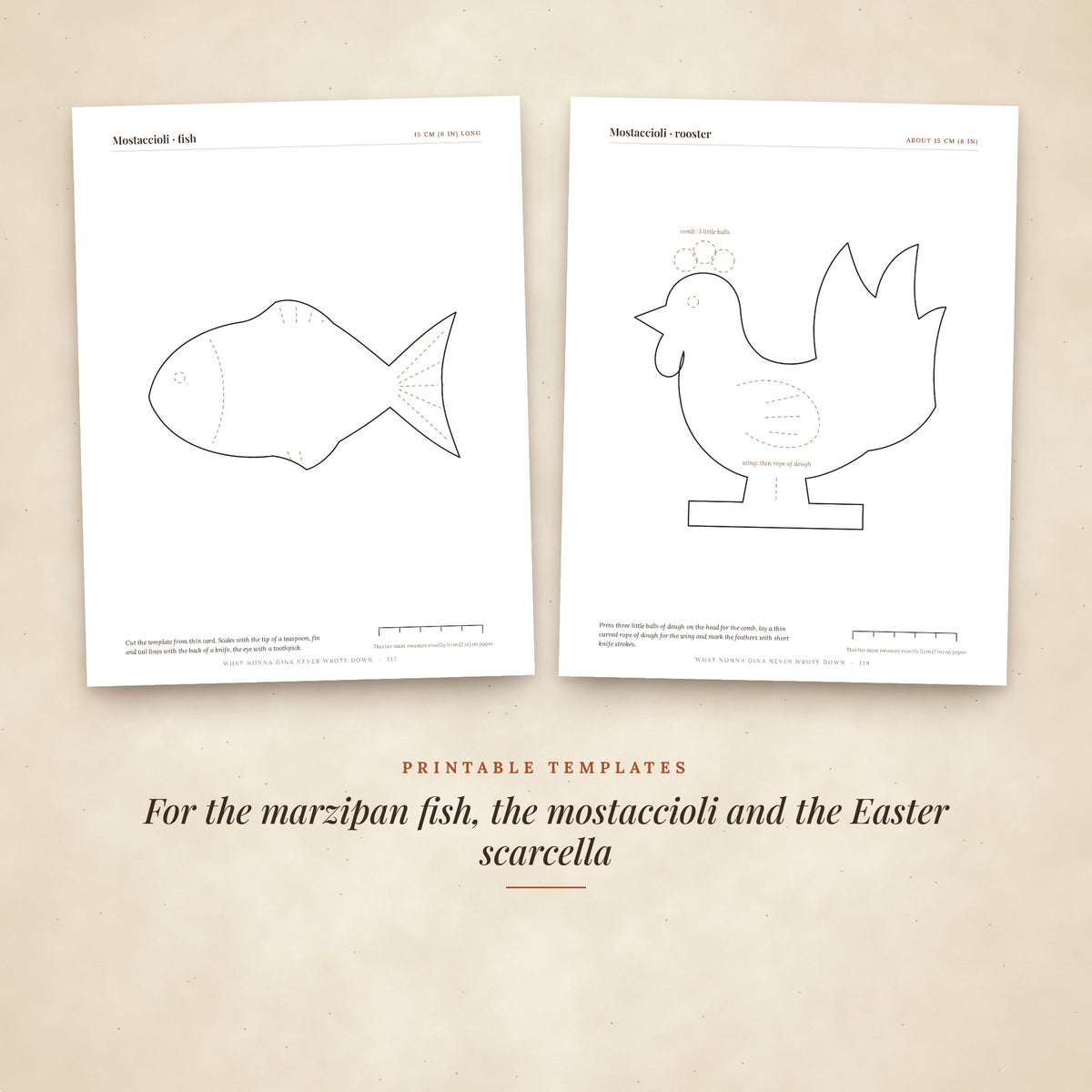Printable templates for the mostaccioli fish and rooster
