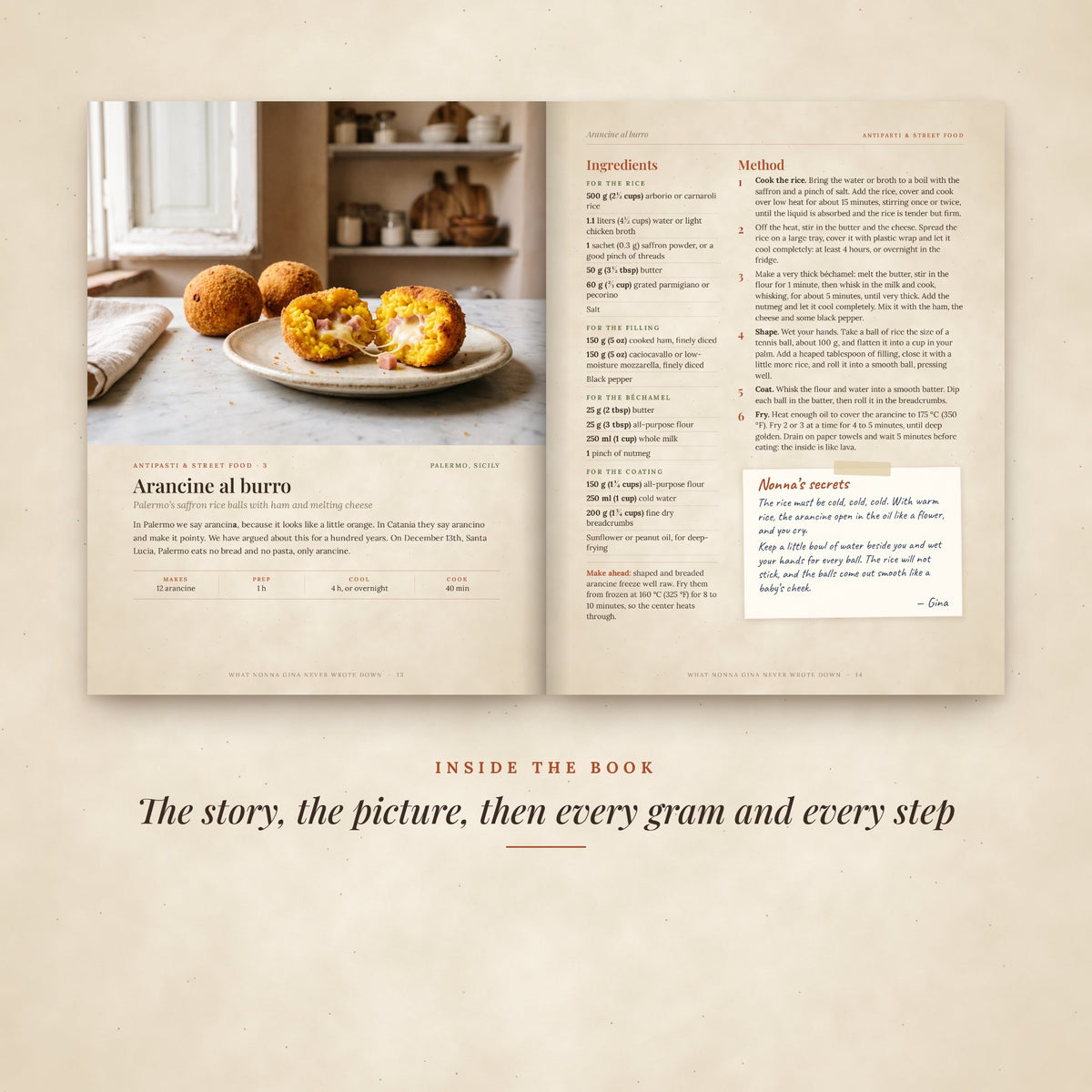 Inside the book: the arancine al burro pages