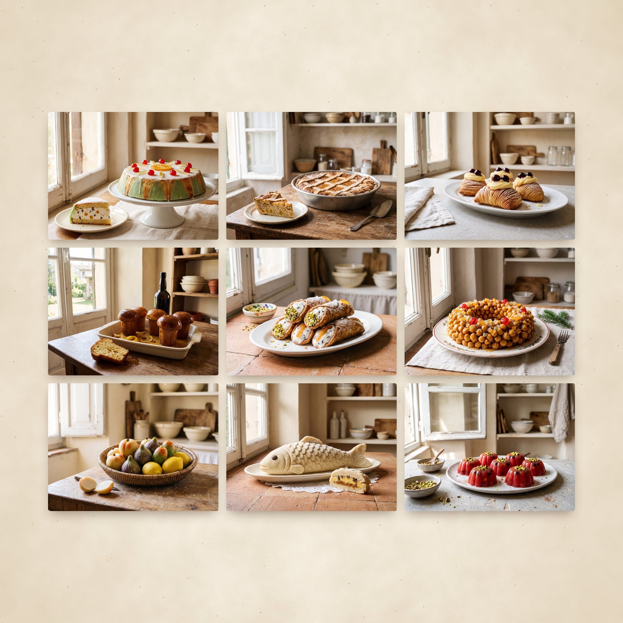 Nine desserts from 50 Secret Italian Desserts: cassata, pastiera, sfogliatella, cannoli and more