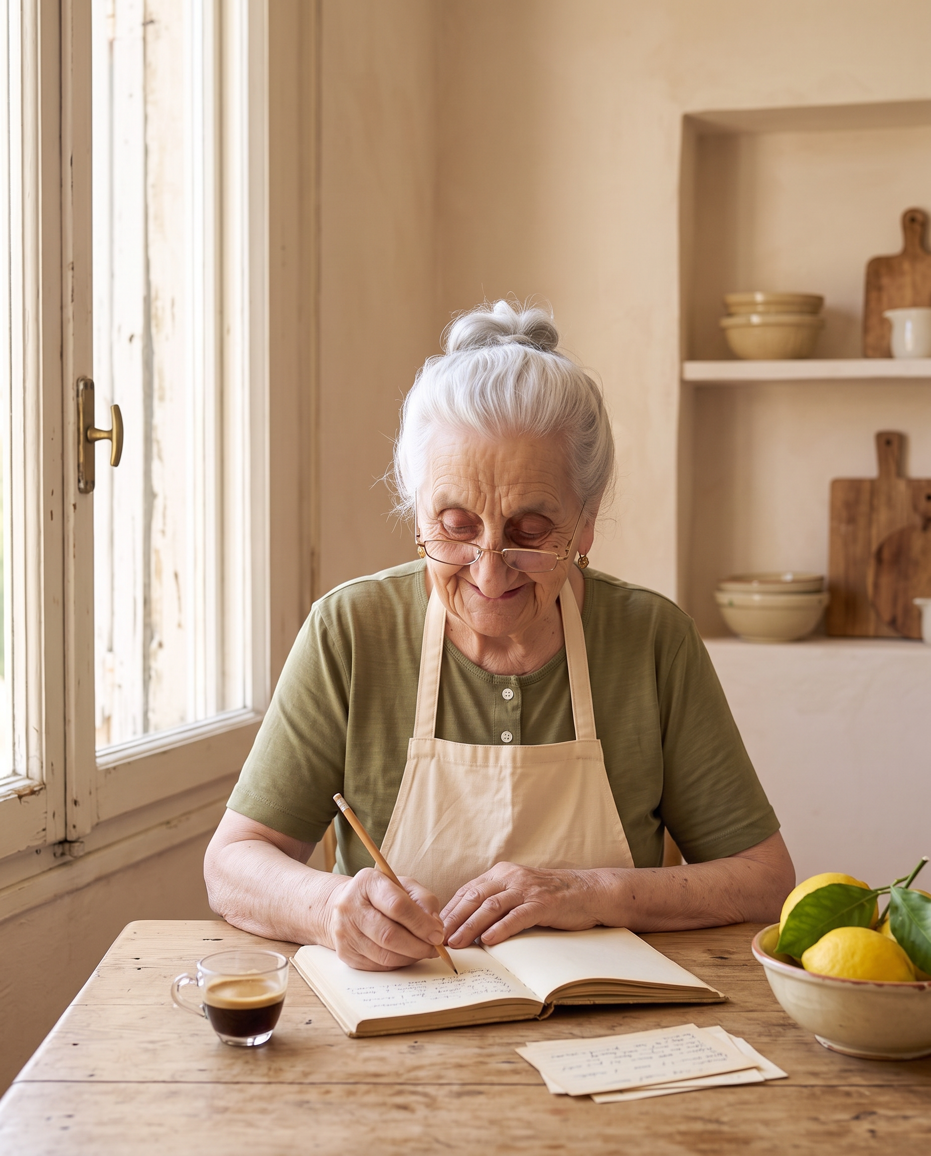 Nonna Gina writing her recipes in a notebook